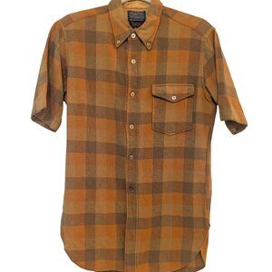 Vintage Pendleton Unisex Sz M Rust Orange Brown Plaid S/S Virgin Wool Shirt Top